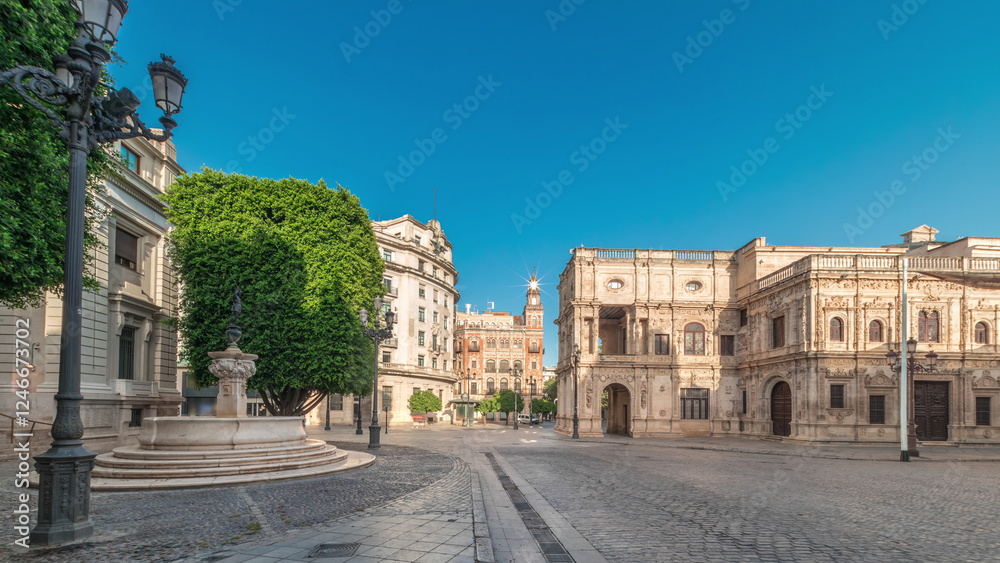 Fototapeta premium Town Hall and Plaza de San Francisco in Seville timelapse panorama