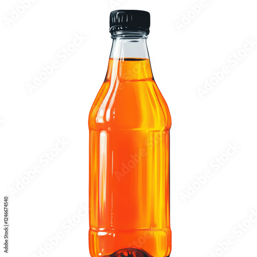 A full plastic bottle of bright orange liquid against a black background. photo