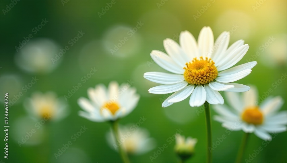 Fototapeta premium Delicate white marguerite flowers sway gently in the breeze, gentle, marguerite