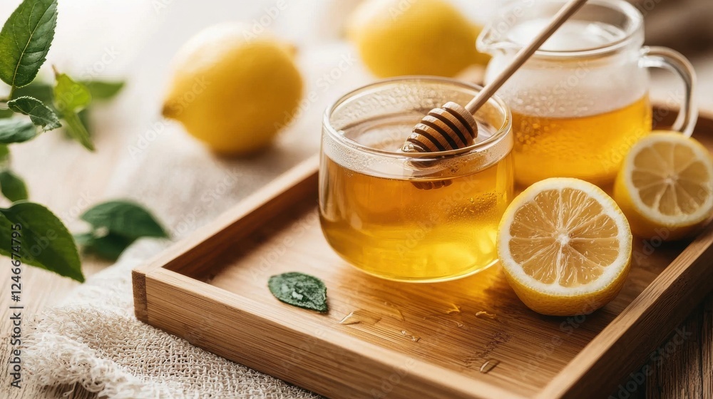 Refreshing honey lemon drink on a wooden tray Refreshing honey lemon drink on a wooden tray