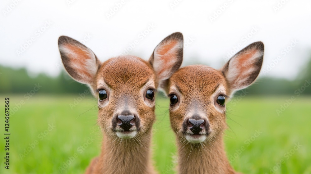 Fototapeta premium Twin fawns in field, nature background, wildlife