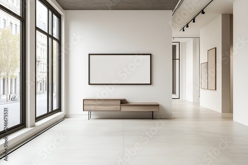 Modern Gallery Interior with Blank Frame City View - Minimalist Art Space Design, Contemporary Showroom Indoor Empty Picture Frame Urban Scene - Simple Exhibit Area