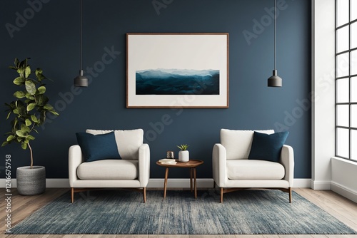 Cozy Living Room with White Armchairs, Blue Accent Wall, and Mountain Artwork, Relaxing Interior, Tranquil Lounge, Armchairs and Mountain View, Serene Sitting Area