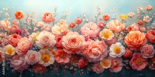 Fototapeta Naklejka Na Ścianę i Meble -  Watercolor Floral Arrangement with Peonies Roses Wildflowers Cascading Greenery White Background