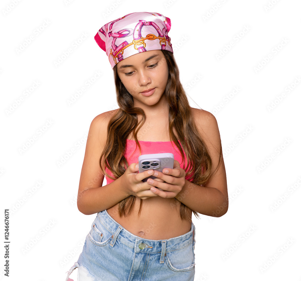 Photo portrait of little child girl with long brunette hair dreaming smiling keeping smartphone isolated on transparent background Photo portrait of little child girl with long brunette hair dreaming smiling keeping smartphone isolated on transparent background