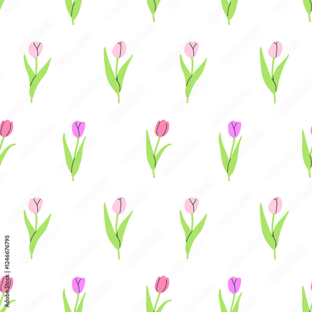 Obraz premium Seamless pattern with pink tulips on a white background. Vector illustration background. Flat illustration.