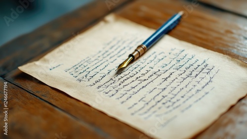 Pen on handwritten letter rustic wooden table