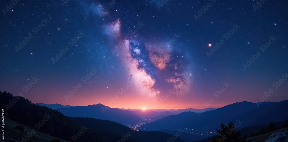 Fototapeta premium Vast night sky, countless stars, panoramic view, ethereal, cosmic, wide