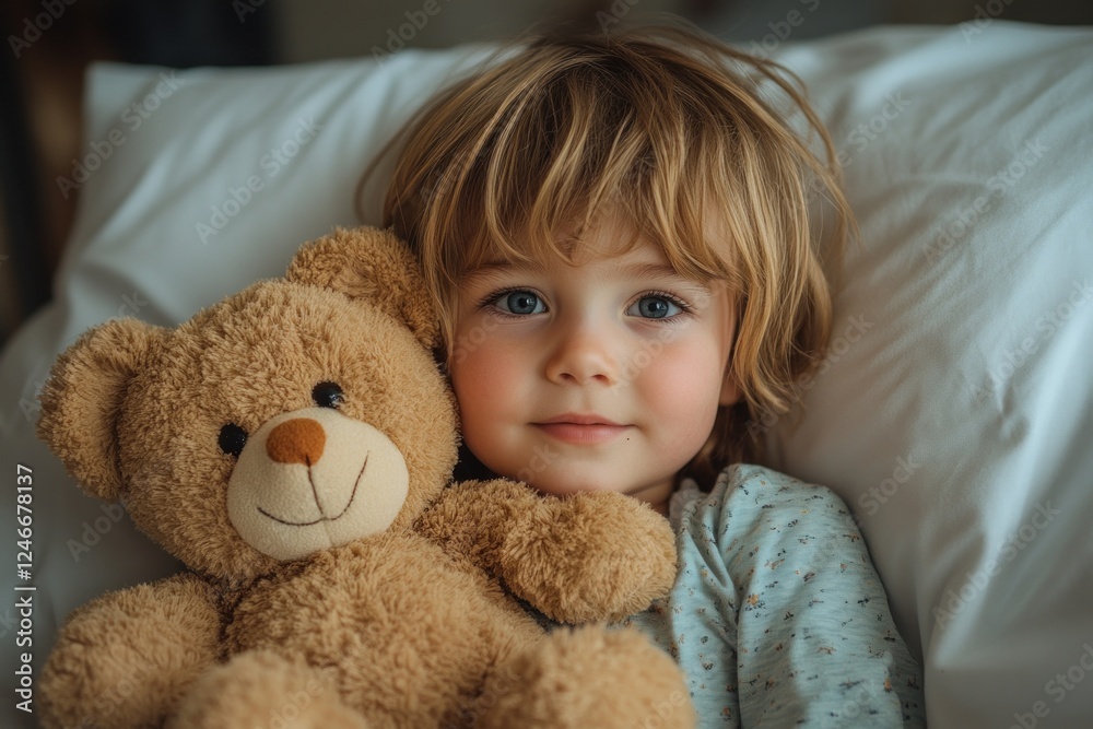 Child in Hospital Bed with Teddy Bear Joyful Healing Superhero Child in Hospital Bed with Teddy Bear Joyful Healing Superhero