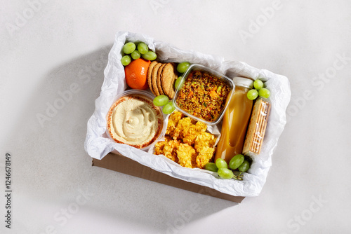 Ready prepared brunch box with quinoa salad, gluten free nuggets and fresh smoothie, top view photo