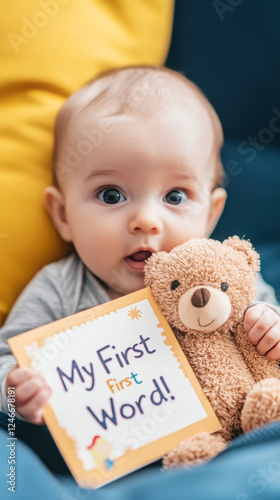 Adorable baby holding plush bear celebrates milestone with 