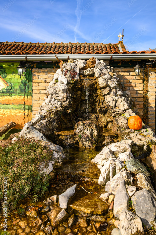 Novi Sad, Serbia- January 26, 2025: Vojvodina farm (Serbian; Vojvodjanski Salaš) a beautiful restaurant near Novi Sad. Decorated small waterfall