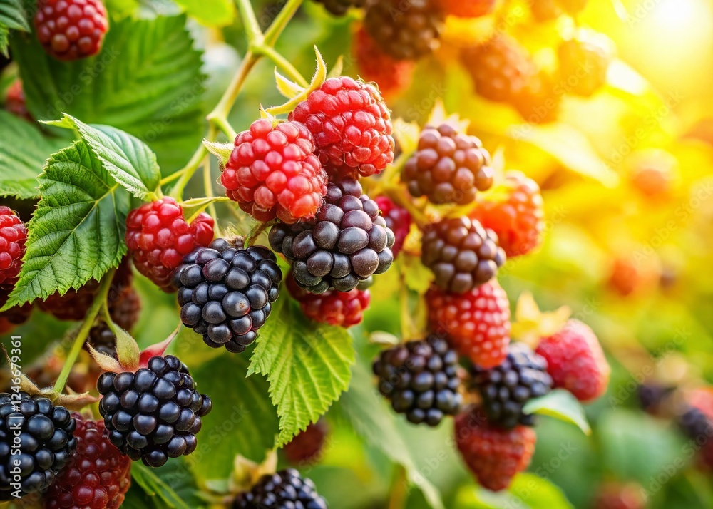 Close-up of Organic Blackberries on Bush, Summer Harvest, Local Farm Close-up of Organic Blackberries on Bush, Summer Harvest, Local Farm