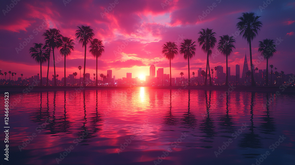 Obraz premium Stunning sunset over a city skyline with palm trees reflected in calm waters