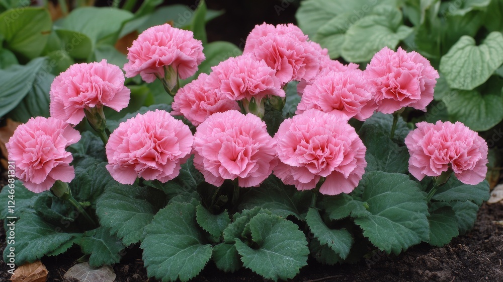 Beautiful pink carnations blooming in a lush green garden during springtime Beautiful pink carnations blooming in a lush green garden during springtime