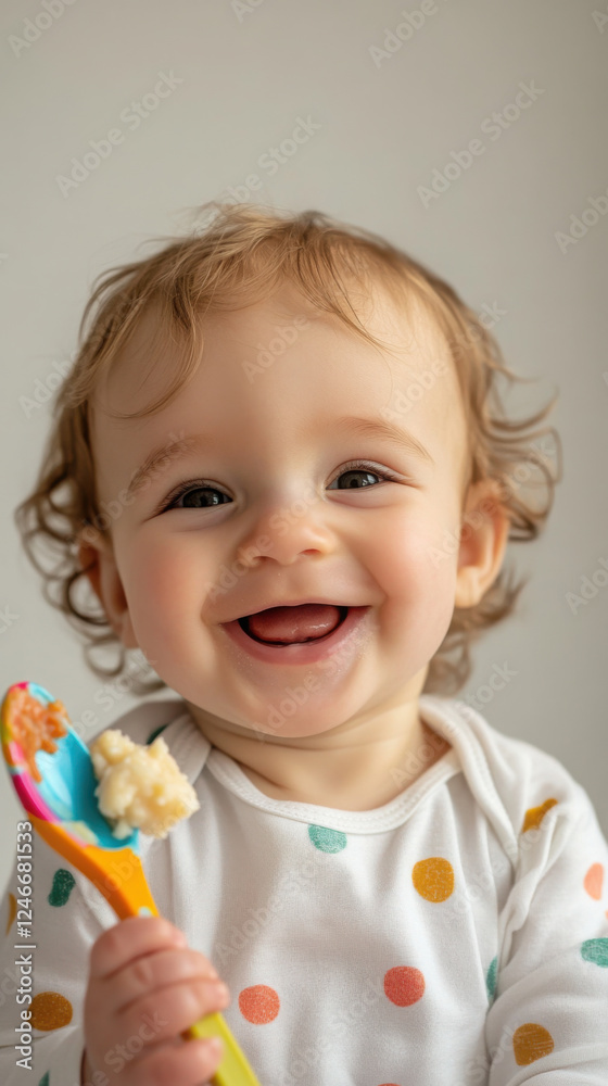 Joyful baby smiling with a colorful spoon in a polka dot outfit Joyful baby smiling with a colorful spoon in a polka dot outfit