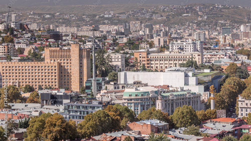 Obraz premium Aerial view of column of freedom in the center of the city timelapse in Tbilisi. Georgia