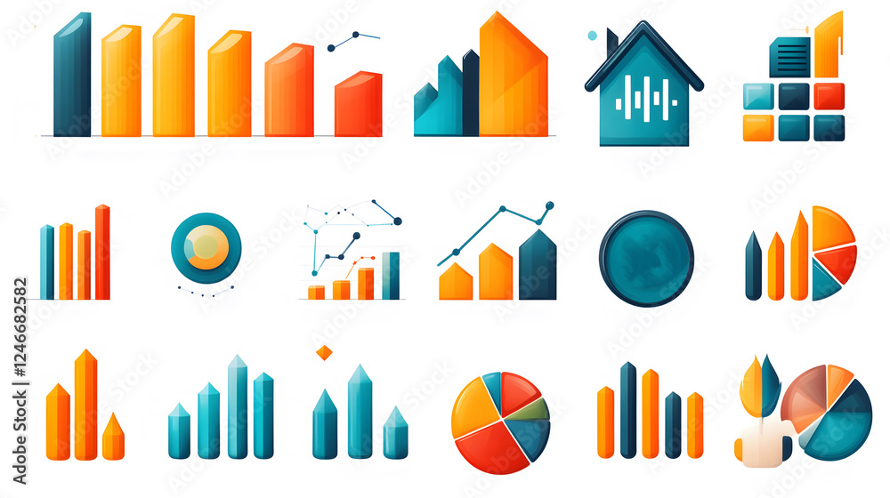 Obraz premium Financial statistics graph set, structured business growth icons in flat design