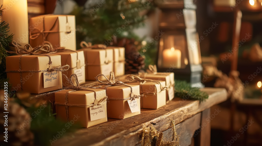 Festive advent calendar display with custom gifts amidst cozy holiday decor Festive advent calendar display with custom gifts amidst cozy holiday decor