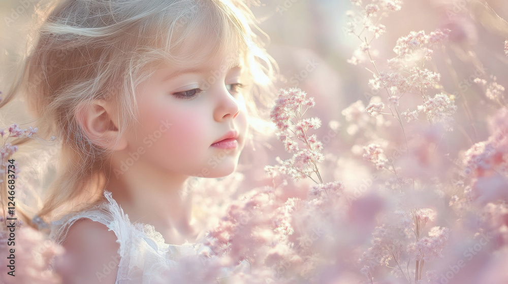 Dreamy pastel scene with child in ethereal floral meadow for springtime inspirations