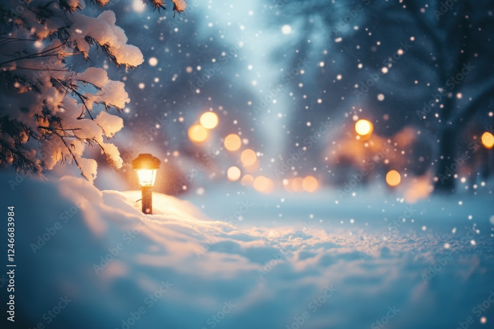 Naklejka premium Winter Landscape with Soft Snowdrifts and Blurry Holiday Lights