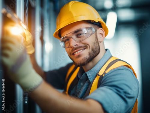 Handwerklicher Elektriker bei der Arbeit an einem Verteilerkasten

 photo