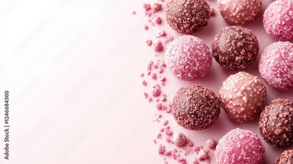 Round chocolate truffles placed artistically on a soft pink background creating an elegant dessert display Round chocolate truffles placed artistically on a soft pink background creating an elegant dessert display