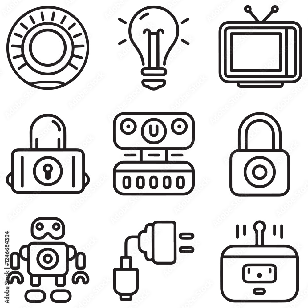 Fototapeta premium Set of 9 outline icons related to smart house. Linear icon collection. Editable stroke. Vector illustration