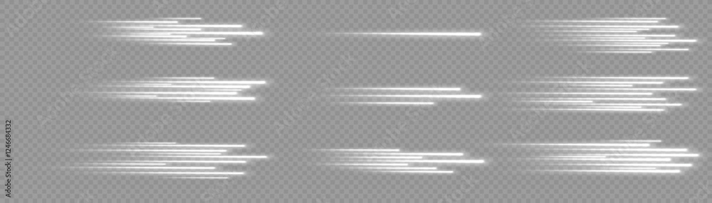 Glowing white speed lines. High speed. White motion speed and movement. Dynamic lines or rays. Light trail wave, fire path trace line. swirling filament curve. Road Glowing white speed lines. High speed. White motion speed and movement. Dynamic lines or rays. Light trail wave, fire path trace line. swirling filament curve. Road