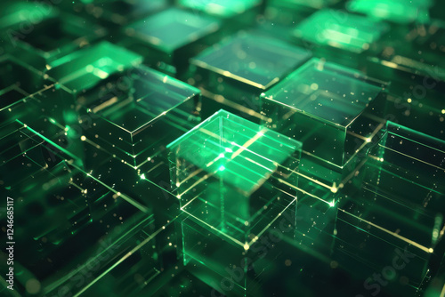 close up horizontal abstract illustration of glowing green geometric transparent cubes structure