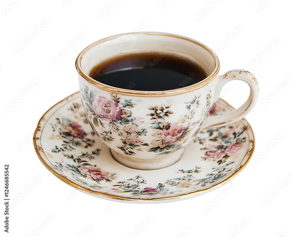 Elegant Black Coffee in Floral Cup on Saucer Styled Table Setting Indoor Aesthetic View Elegant Black Coffee in Floral Cup on Saucer Styled Table Setting Indoor Aesthetic View