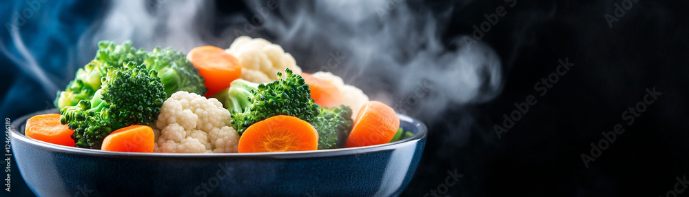 Freshly steamed broccoli, cauliflower, and carrots served in a bowl with steam rising. Freshly steamed broccoli, cauliflower, and carrots served in a bowl with steam rising.