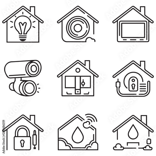 Set of 9 outline icons related to smart house. Linear icon collection. Editable stroke. Vector illustration