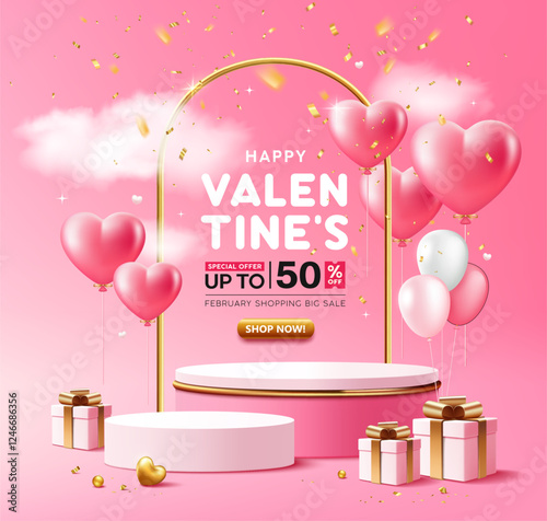 Valentines day podium display stage pink and gold podium heart shaped balloons and gift box gold ribbon, poster design on pink background, Eps 10 vector illustration