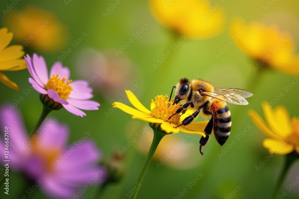 Fototapeta premium Honeybee collecting nectar from flowers in a meadow, meadow, insects, botanical
