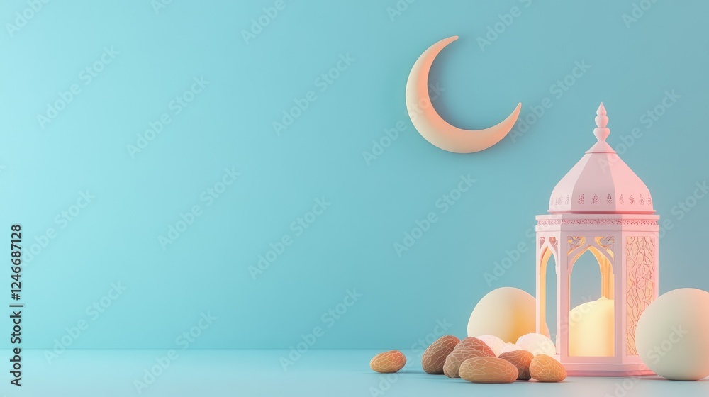 Naklejka premium 3D illustration of Ramadan Kareem, with a lantern and dates alongside a crescent moon on a blue background banner template