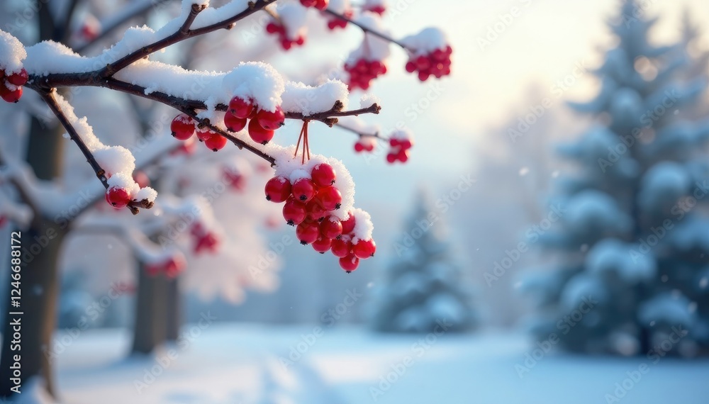 Snowy branches stretch towards sky with bright red berries hanging like ornaments, winter branches, snow covered trees Snowy branches stretch towards sky with bright red berries hanging like ornaments, winter branches, snow covered trees
