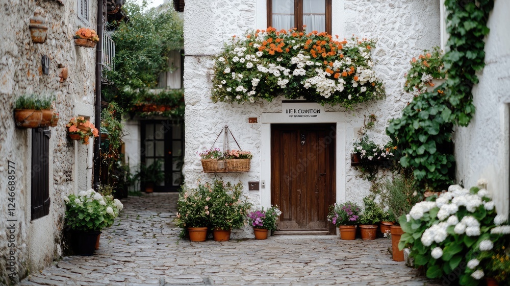 Fototapeta premium Flowery European village street scene, charming home, cobblestone path, travel postcard