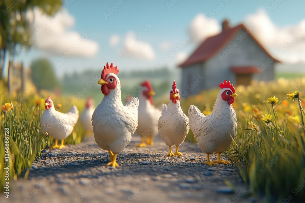 Fototapeta premium 3d icon of chicks, chicken and hens in a poultry farm