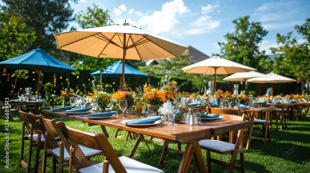 Obraz premium Delightful garden party setup with colorful umbrellas and vibrant floral arrangements outdoor setting event overview cheerful atmosphere nature-inspired concept