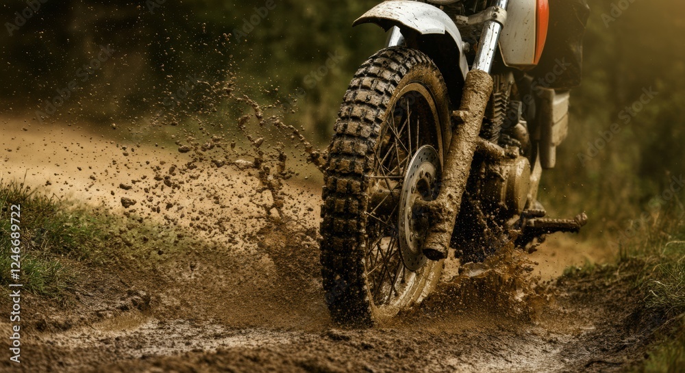Motorcycle tire splashing through muddy terrain, showcasing off-road adventure Motorcycle tire splashing through muddy terrain, showcasing off-road adventure