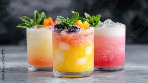 Colorful fruity cocktails on grey table