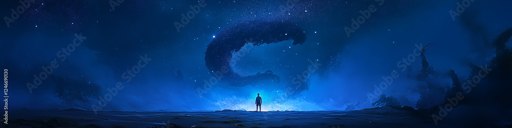 An illustration of a man standing under a star filled sky and the Milky Way An illustration of a man standing under a star filled sky and the Milky Way