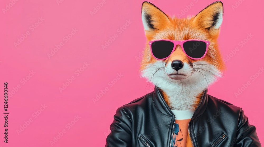 Obraz premium Stylish fox wearing sunglasses and leather jacket posing against a pink background