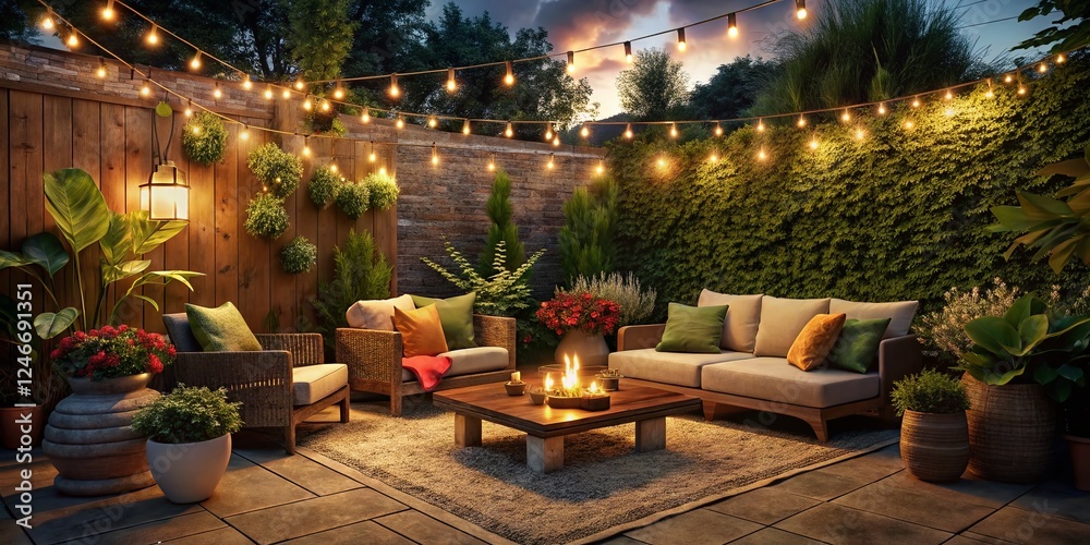 Obraz premium Cozy Patio Night: String Lights, Warm Glow, Outdoor Relaxation
