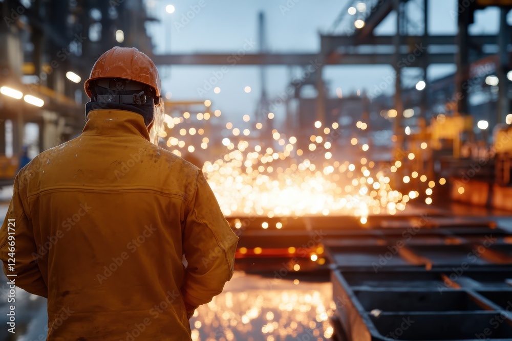 A worker in a bright orange jacket surrounded by sparks, representing the intense and dynamic nature of industrial work in a captivating and vibrant environment. A worker in a bright orange jacket surrounded by sparks, representing the intense and dynamic nature of industrial work in a captivating and vibrant environment.