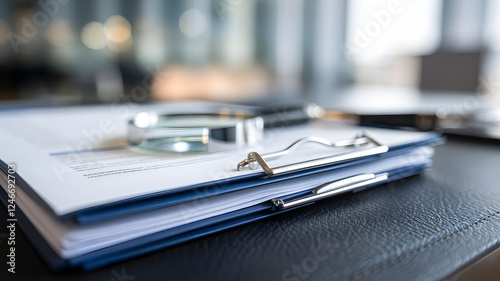Close-up of a neatly organized stack of insurance documents with a magnifying glass on top, showcasing professionalism and attention to detail in a modern office setting.