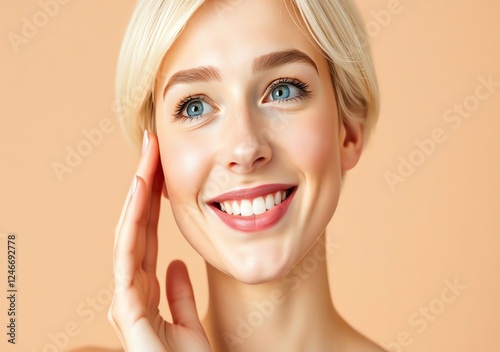 an image of a woman with a white smile holding her hand to her face, blond woman with blue eyes and a white smile holding her hand to her face photo