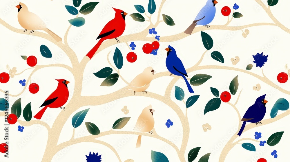 Fototapeta premium Colorful Birds in a Vibrant Tree Decorated with Leaves and Berries