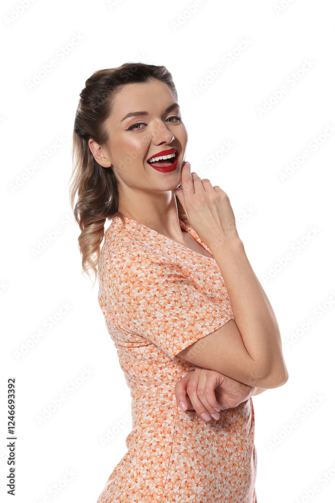 Happy pin-up woman posing on white background Happy pin-up woman posing on white background
